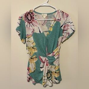 Anthropologie Deletta Teal Floral Twist-Front V-Neck Tunic Shirt Size Small